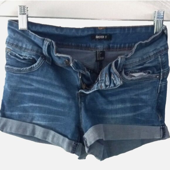 Forever 21 Women’s Blue Jean Shorts Size 5 Cuffed Stretch Pockets EUC Shading - Picture 1 of 10